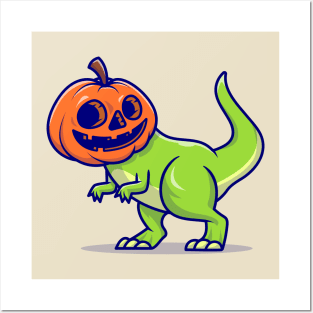 Cute Dino Pumpkin Halloween Cartoon Posters and Art